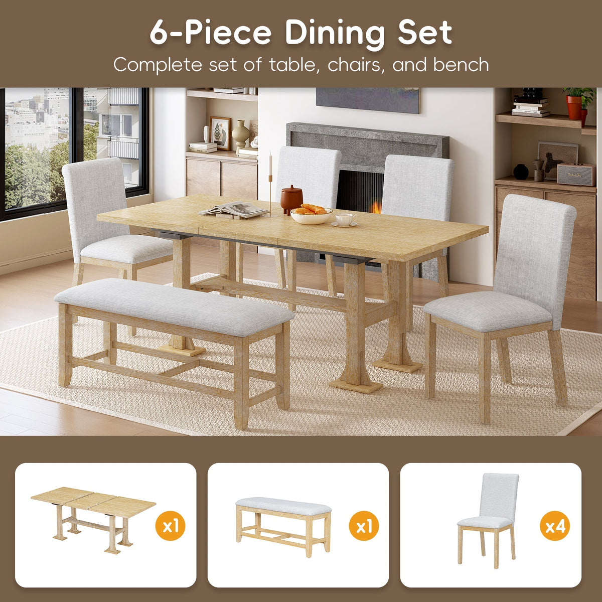 Artisanal 6-Piece Extendable Solid Wood Dining Set with Bench Seating