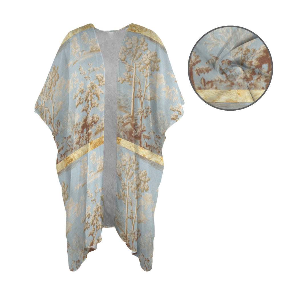 Blue and Gold Toile Chiffon Kimono — Back Alley Exclusive