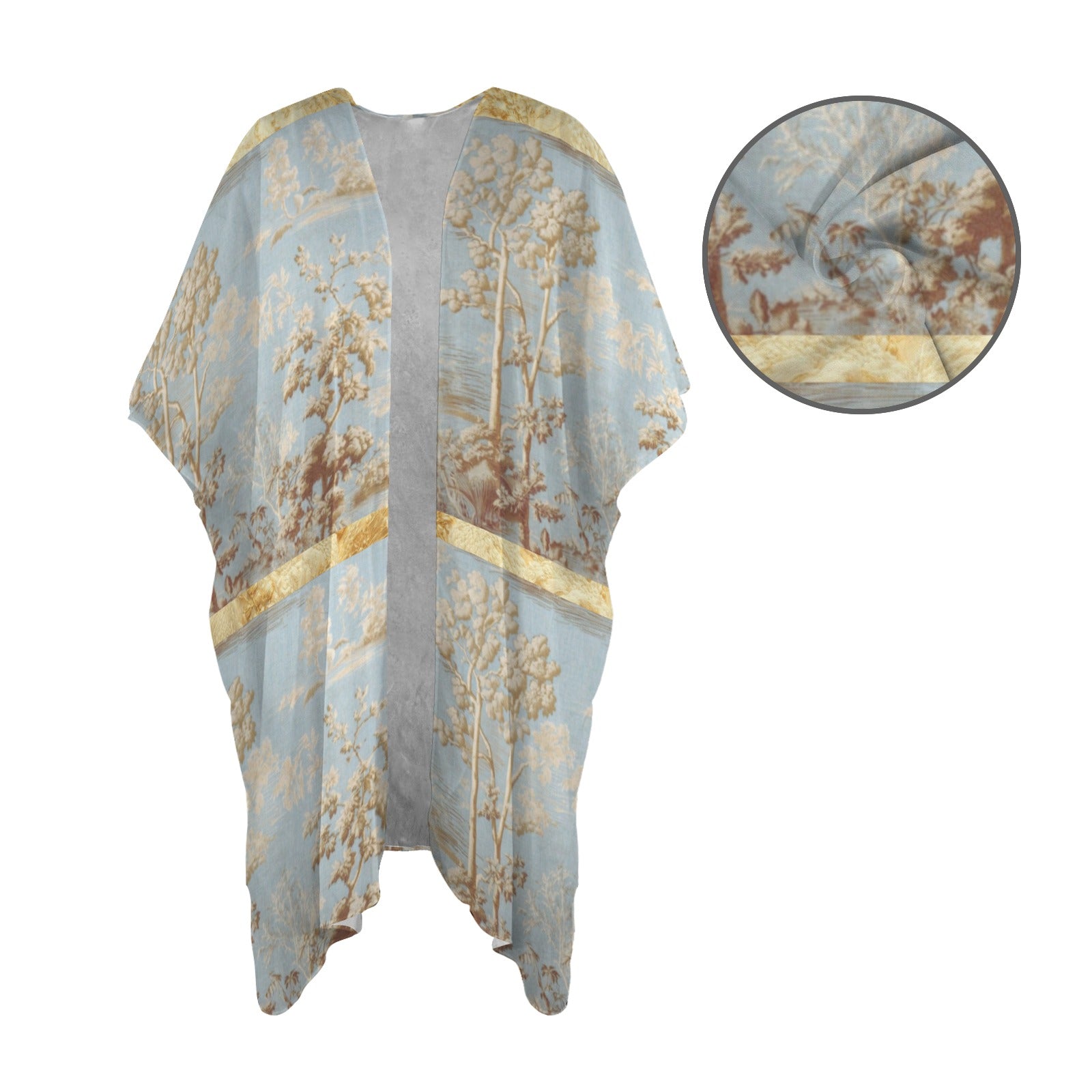 Blue and Gold Toile Chiffon Kimono — Back Alley Exclusive