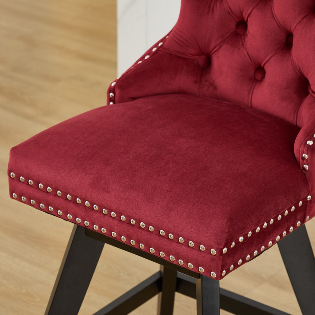 Swivel Velvet Barstools with Button Tufted Decoration - Set of 2 with 360° Swivel - Wine Red
