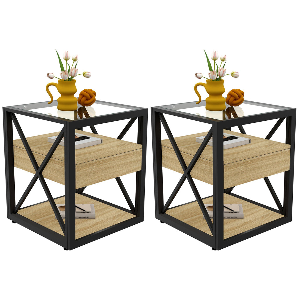 Modern End Tables with Drawer - Set of 2 Nightstands with Tempered Glass Top