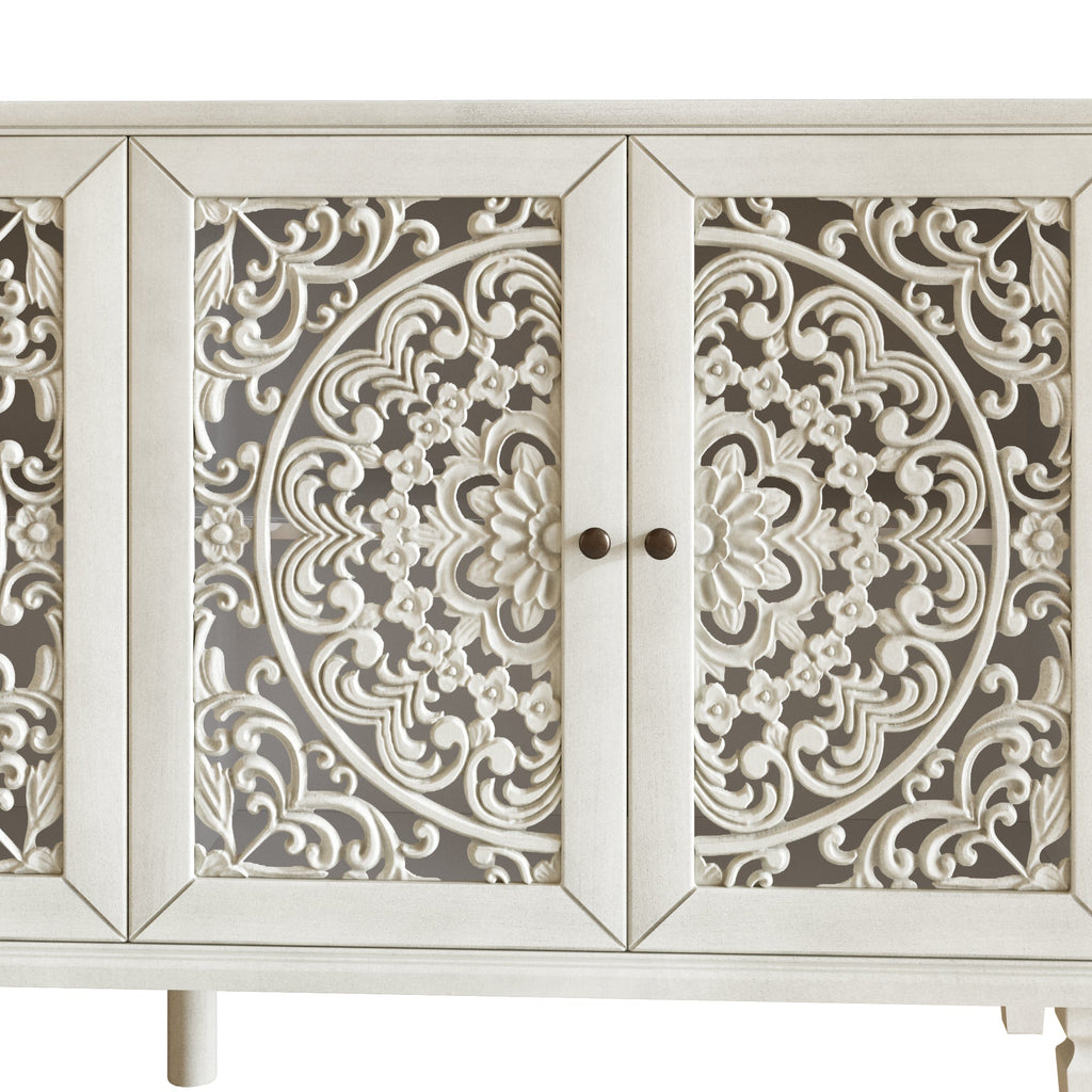 Antique Buffet Cabinet with Floral Carvings and Solid Wood Legs - Antique Grey White
