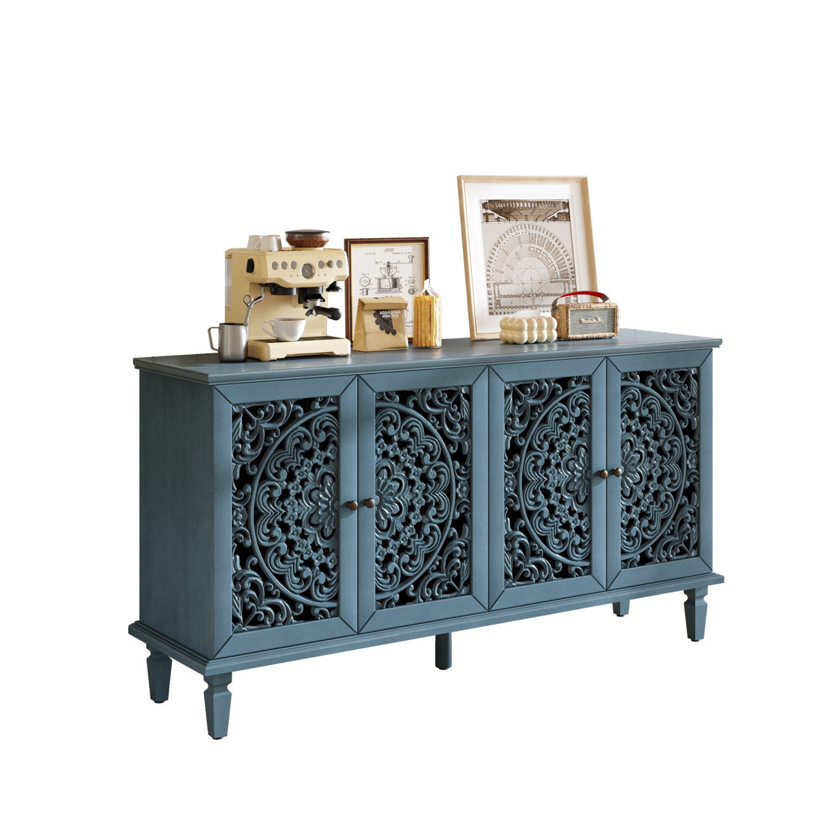 Antique Blue Buffet Cabinet with Floral Carvings and Adjustable Shelves