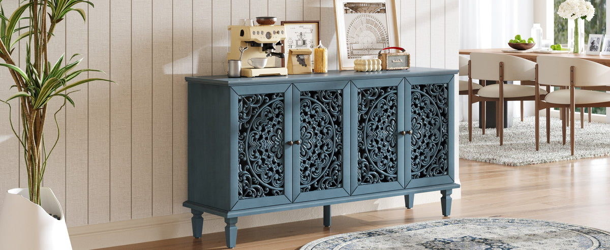 Antique Blue Buffet Cabinet with Floral Carvings and Adjustable Shelves