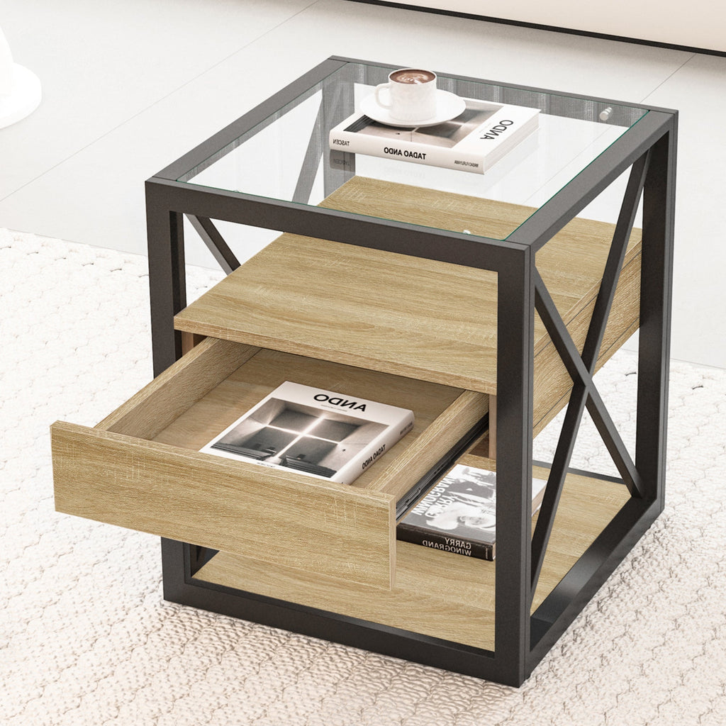 Modern End Tables with Drawer - Set of 2 Nightstands with Tempered Glass Top
