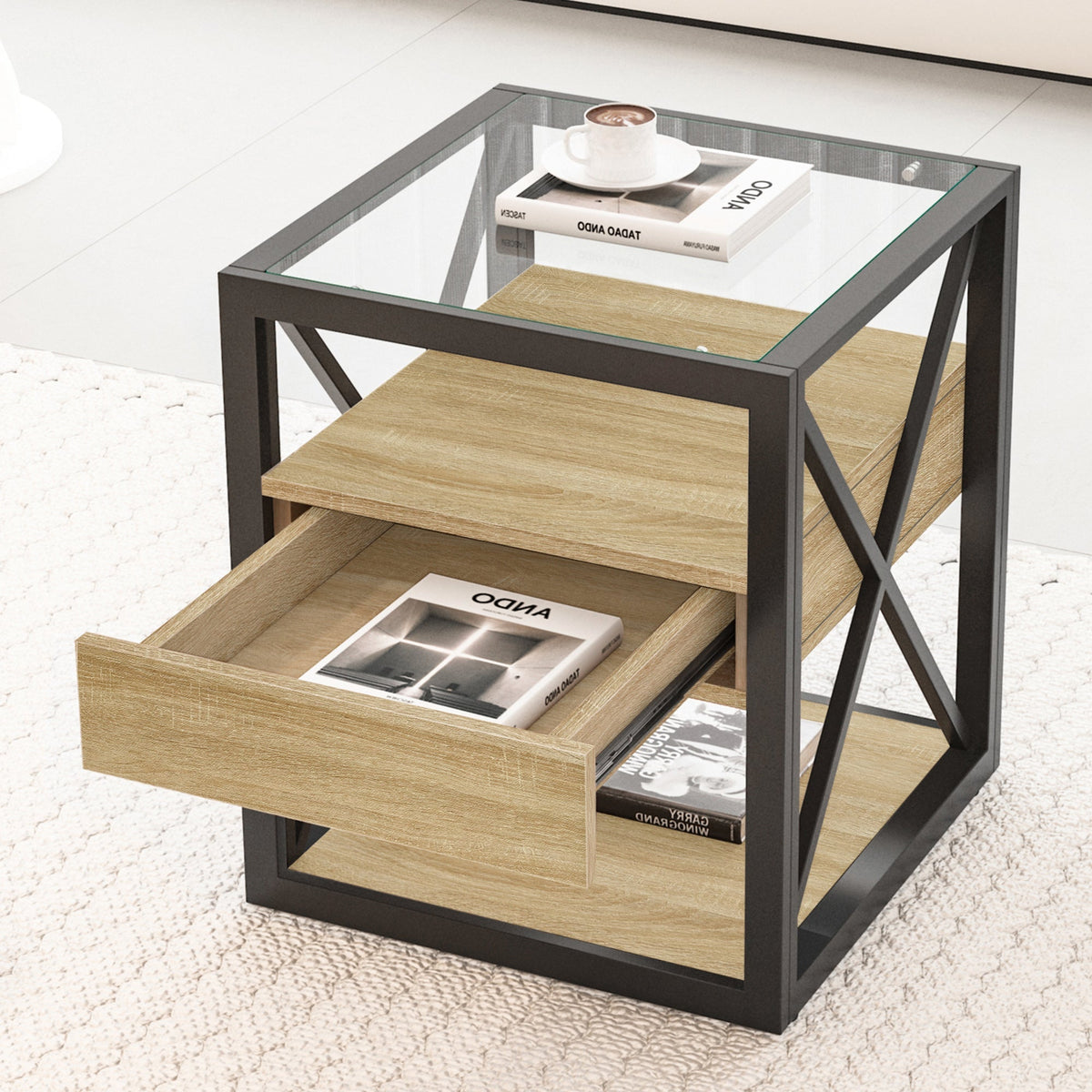 Modern End Tables with Drawer - Set of 2 Nightstands with Tempered Glass Top