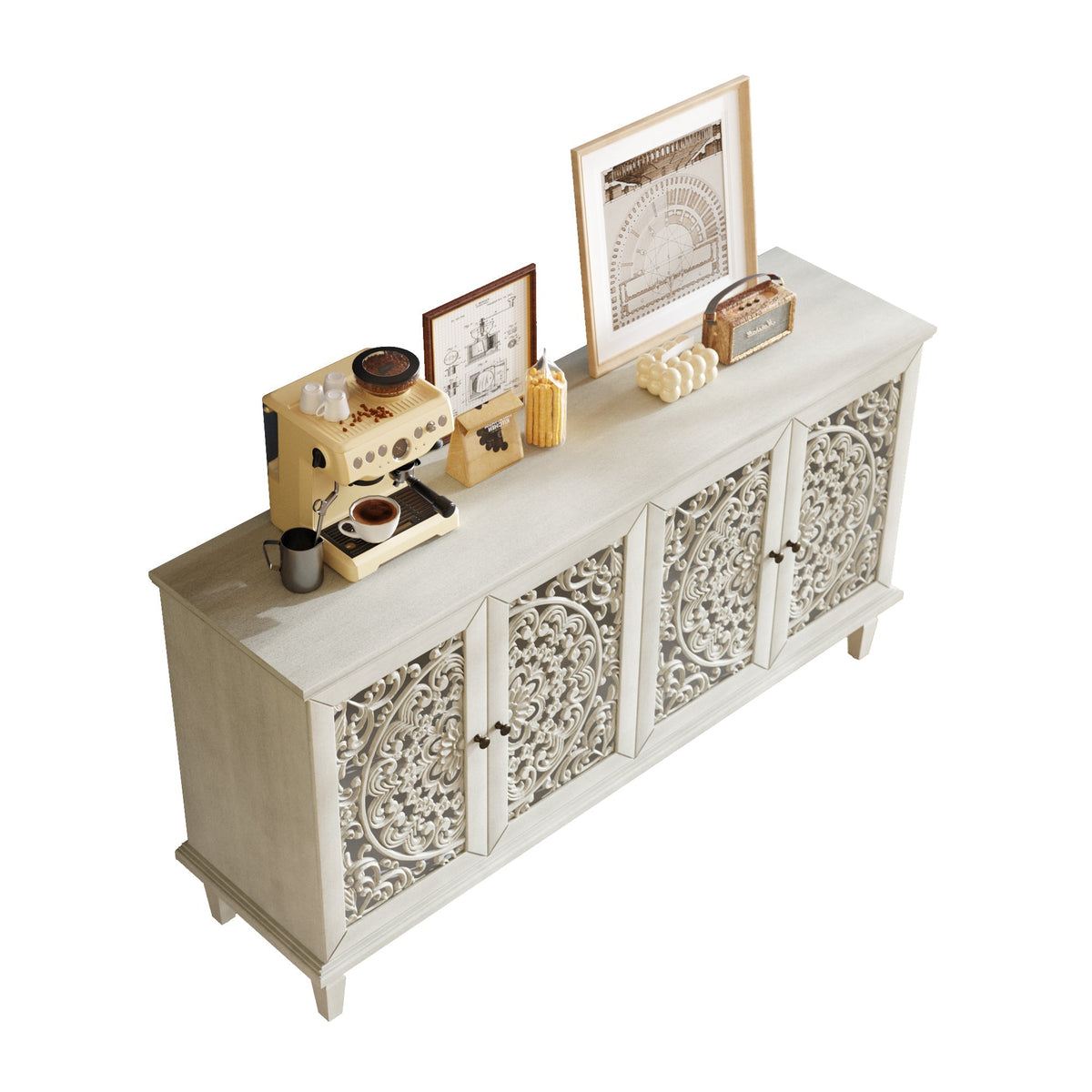 Antique Buffet Cabinet with Floral Carvings and Solid Wood Legs - Antique Grey White