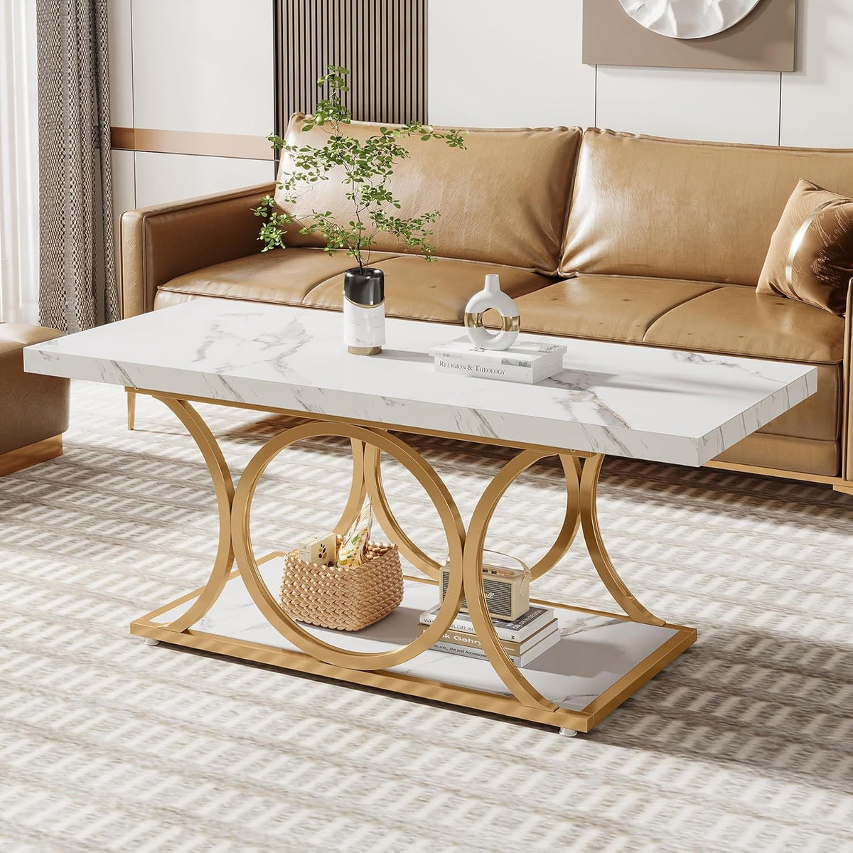 Rectangle Coffee Table, 2 Tier With Geometric Legs