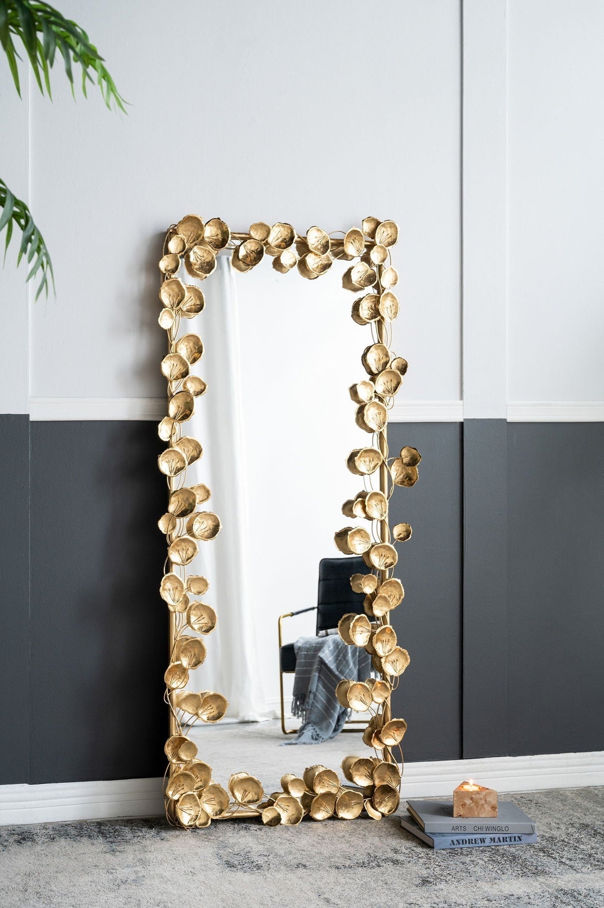 Full Length Floor Mirror with Gold Leaf Accents - Gold