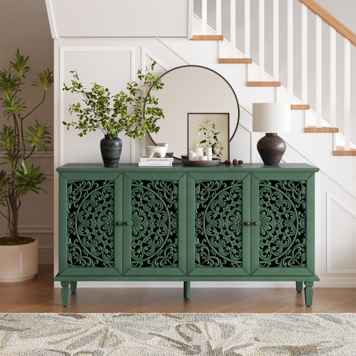 60-Inch Antique Buffet Cabinet with Floral Carvings - Antique Green
