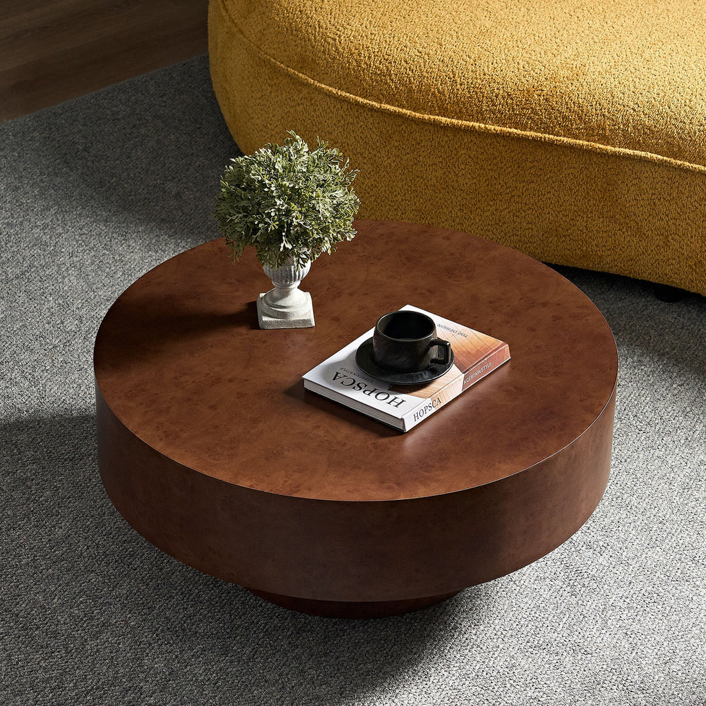 Faux Burl Wood Round Coffee Table with Sturdy Pedestal - Walnut