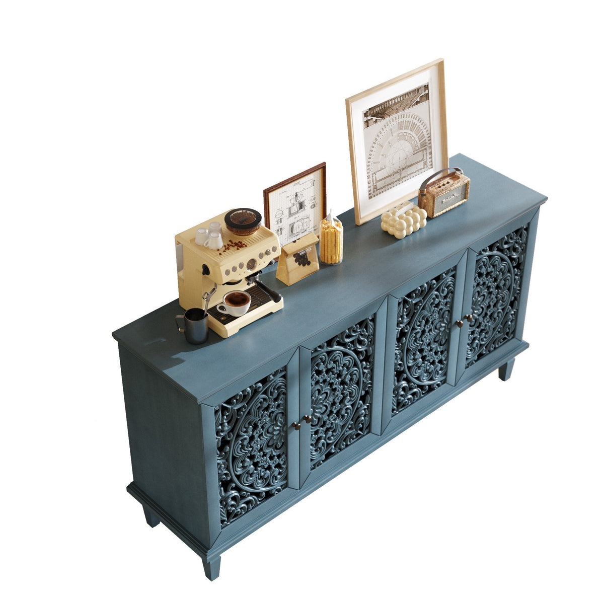 Antique Blue Buffet Cabinet with Floral Carvings and Adjustable Shelves