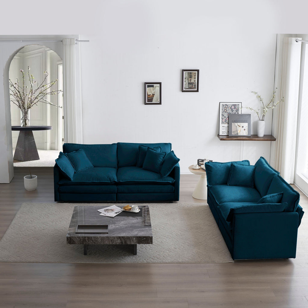 Blue Chenille Sofa Set with Solid Wood Frame - 2 Piece