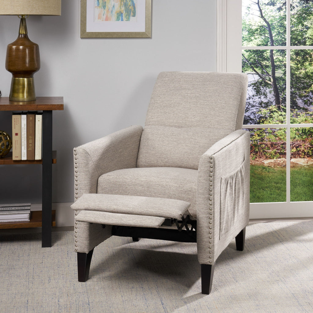 Kiersten Contemporary Fabric Pushback Recliner with Nailhead Trim - Gray, Light Blue, or Beige