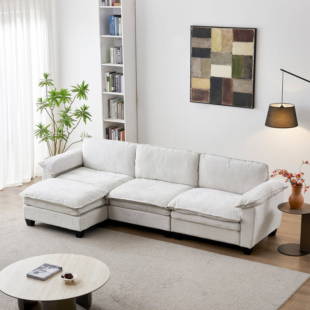 L Shape Living Room Sofa with Ottoman in Soft Chenille Beige