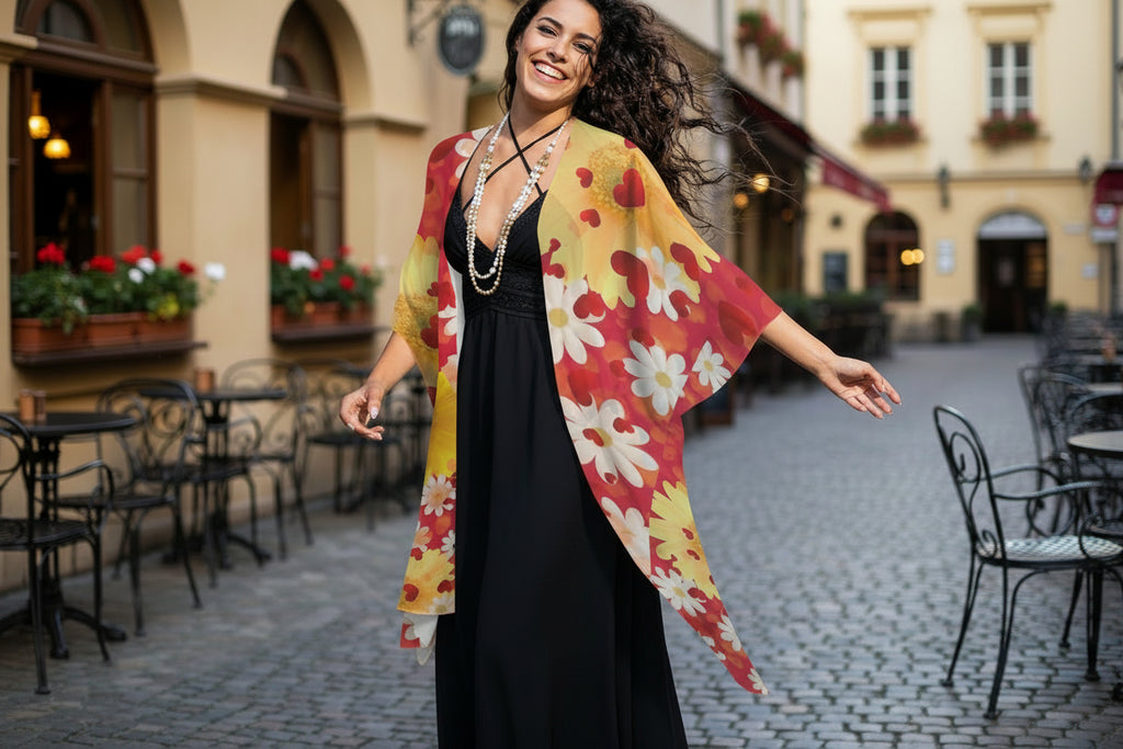 Hearts and Daisies Long Chiffon Kimono - Exclusive Designer Line