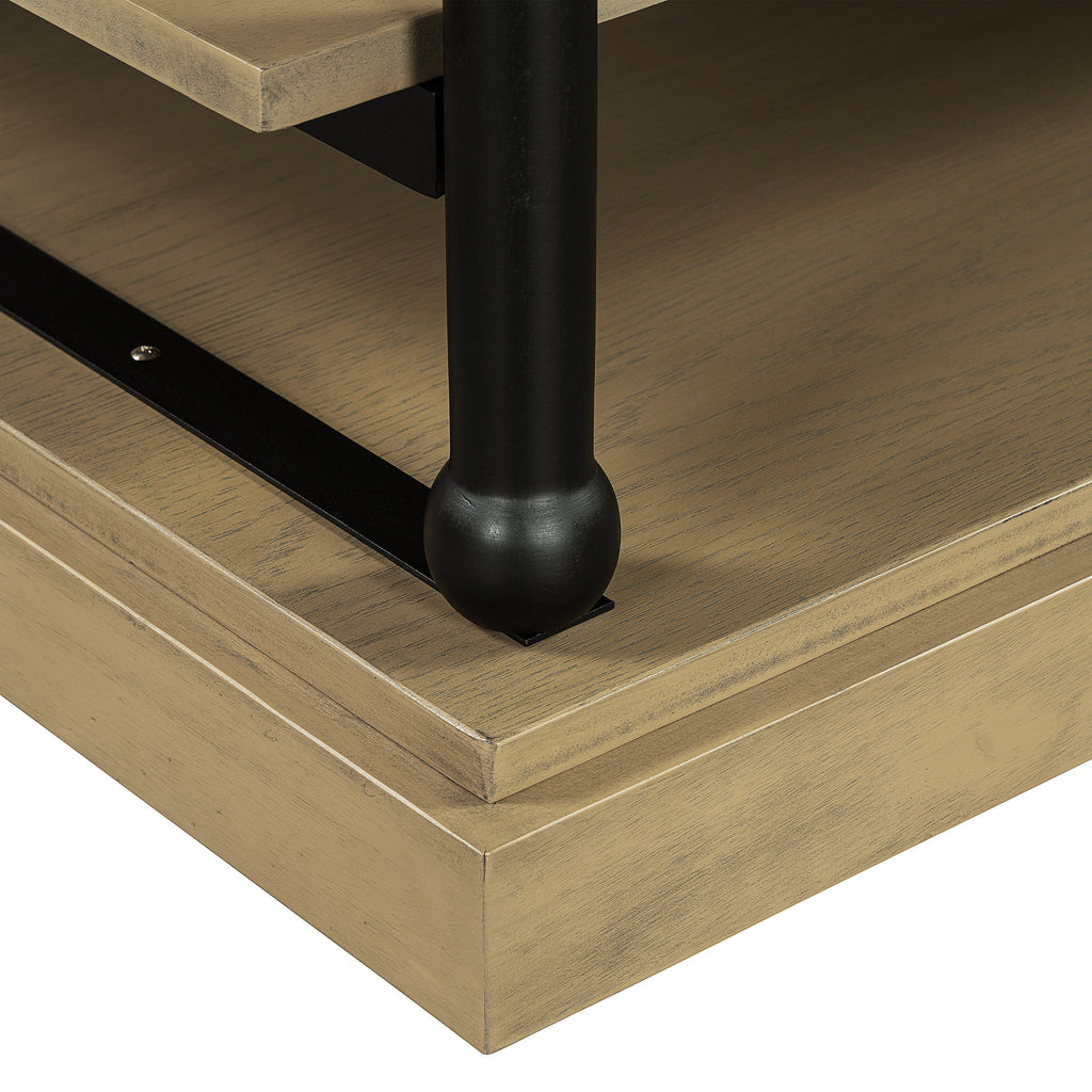 Wood Coffee Table with Black Legs and Open Storage Shelves - Brown