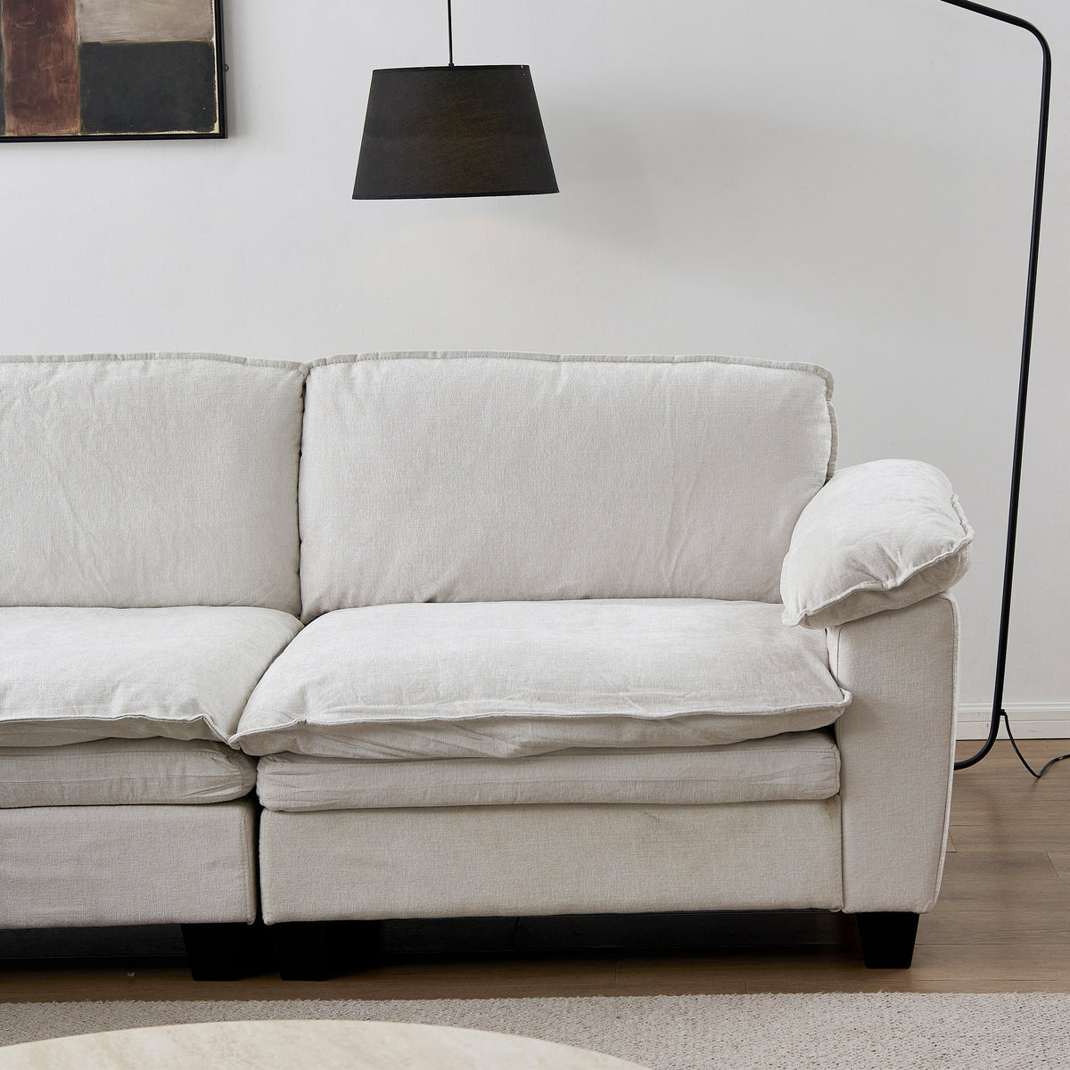 L Shape Living Room Sofa with Ottoman in Soft Chenille Beige