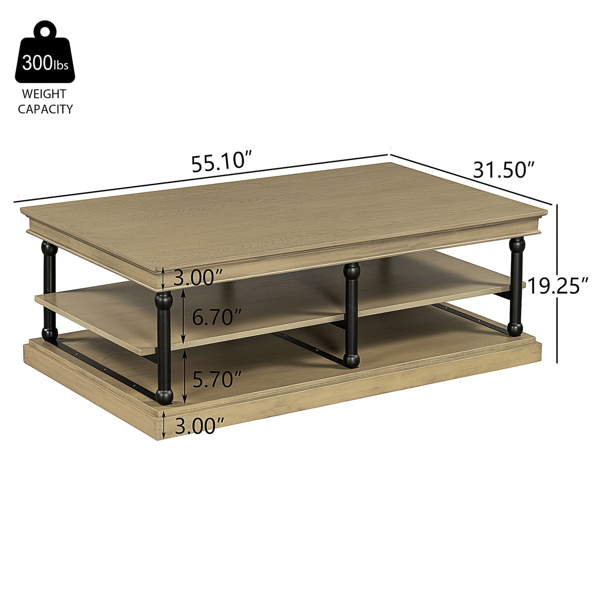 Wood Coffee Table with Black Legs and Open Storage Shelves - Brown