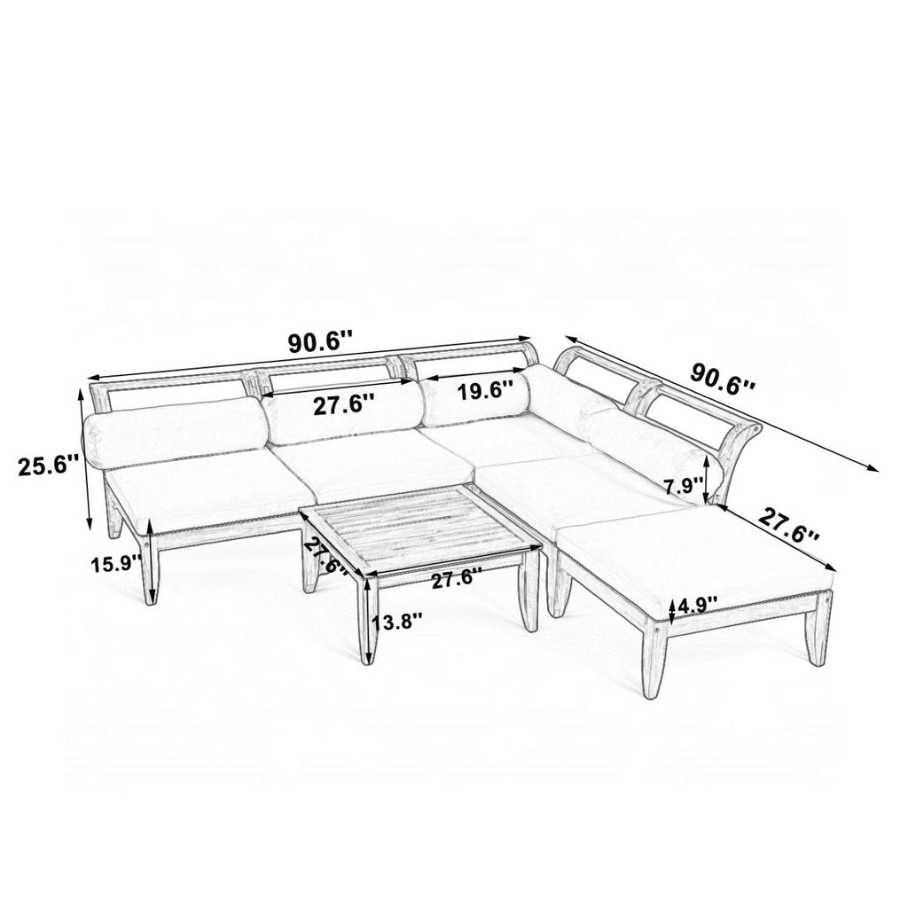 6 Piece Acacia Wood Outdoor Modular Sectional with Daybed - Teak Beige
