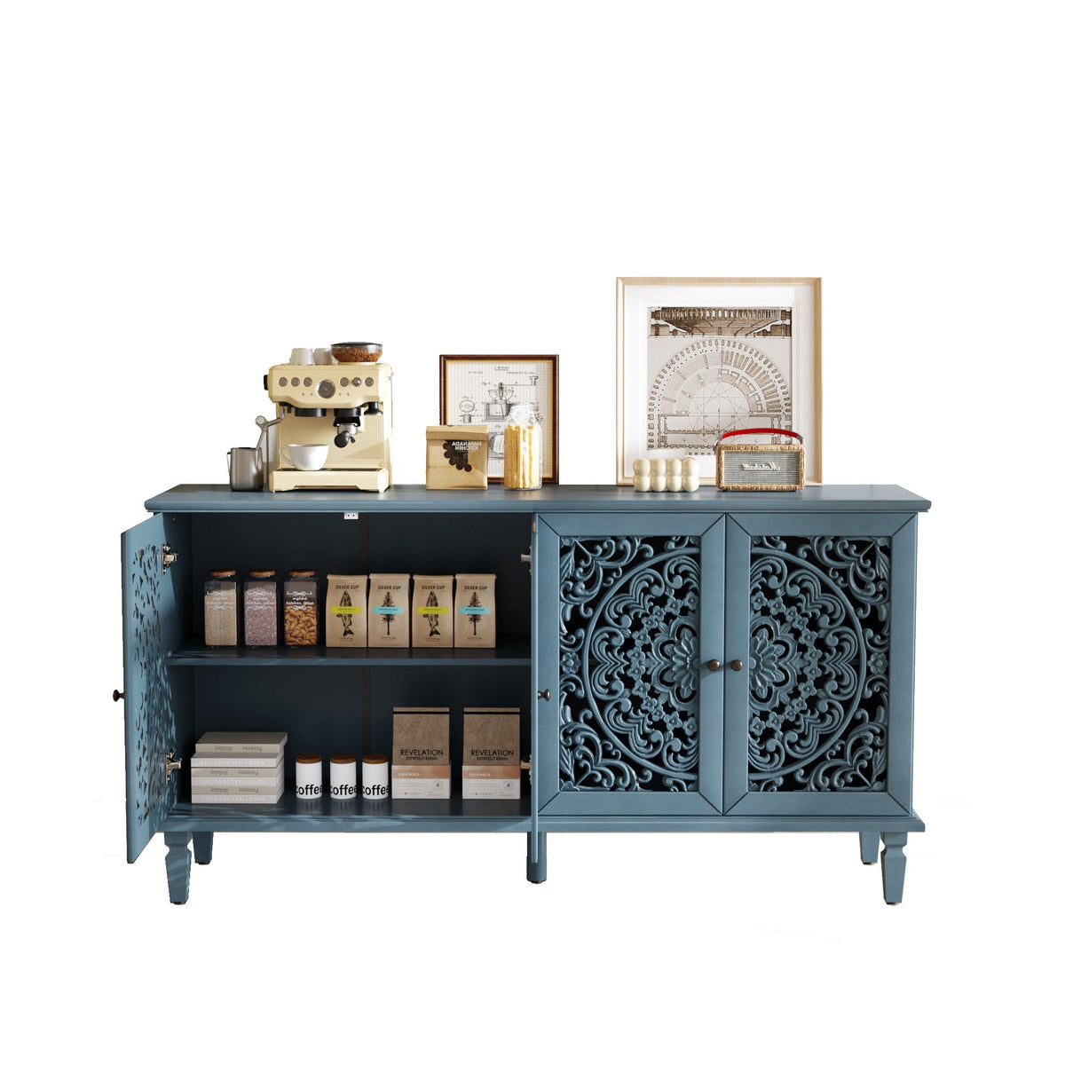 Antique Blue Buffet Cabinet with Floral Carvings and Adjustable Shelves