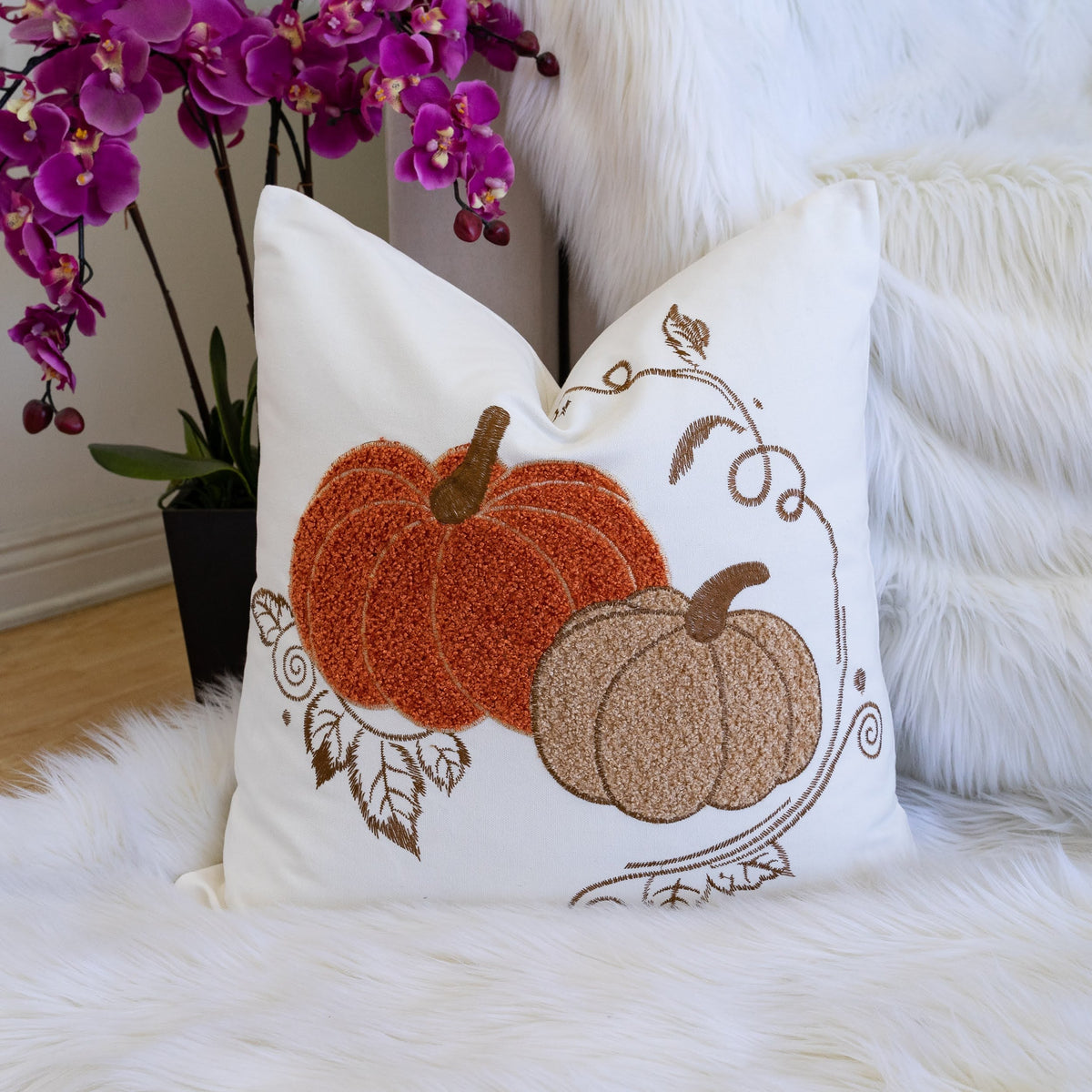 Embroidered Harvest Pumpkin Throw Pillow with Autumn Detailing - White/Rust/Gold
