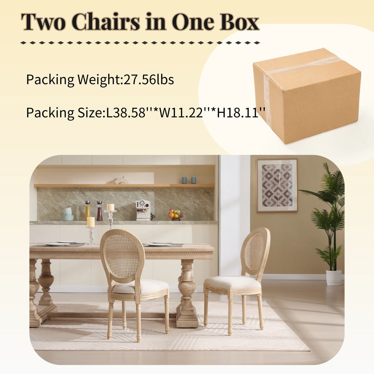 French Country Dining Chairs Set of 2 Upholstered with Rattan Back