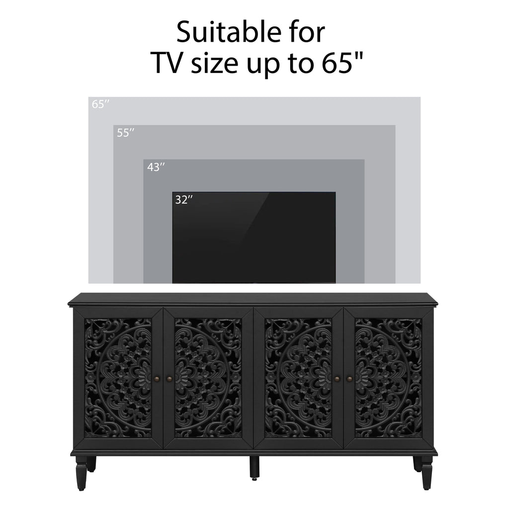 60" Antique Buffet Cabinet with Floral Carvings - Black
