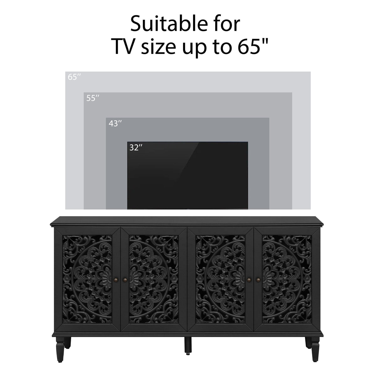 60" Antique Buffet Cabinet with Floral Carvings - Black