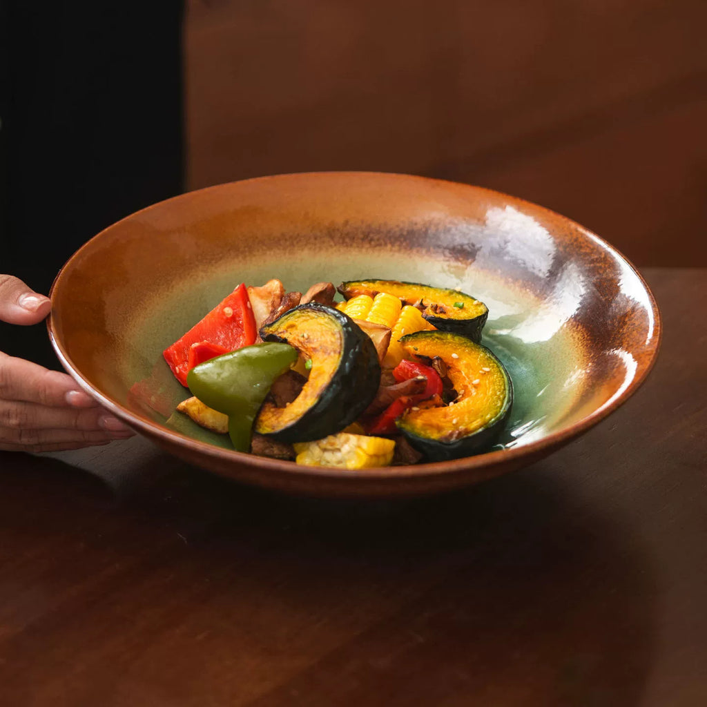 Jade & Amber Ice-Crackle Ceramic Bowl – Artisanal Flared Stoneware