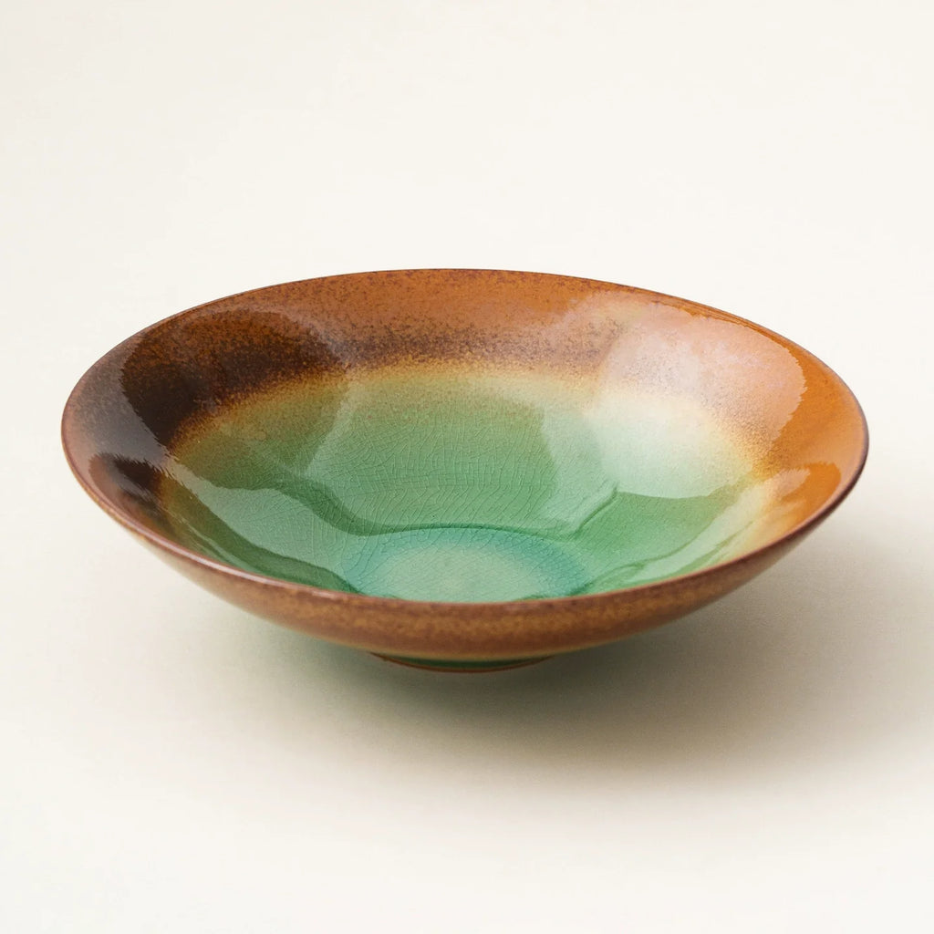 Jade & Amber Ice-Crackle Ceramic Bowl – Artisanal Flared Stoneware