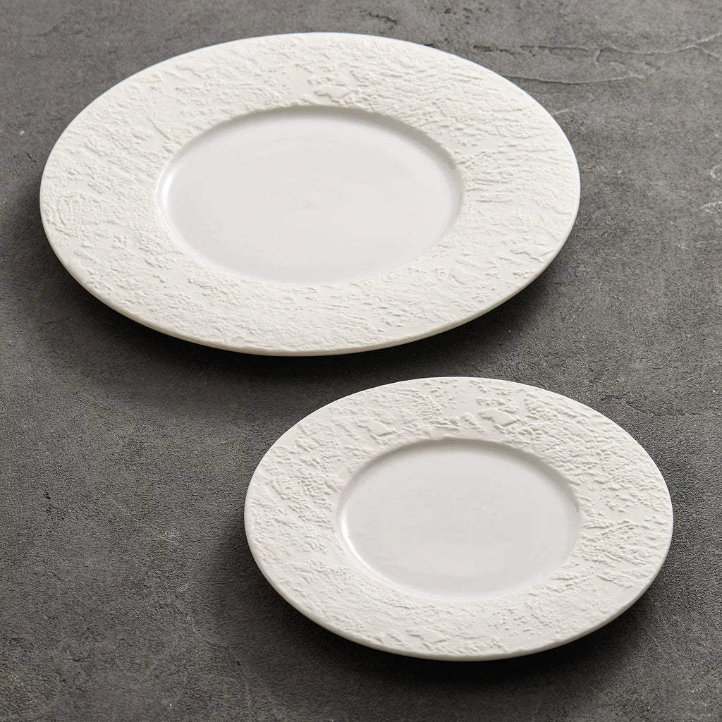 "Phantom Sand" Wide-Rim Ceramic Flat Plate – Minimalist Textured White Dinnerware