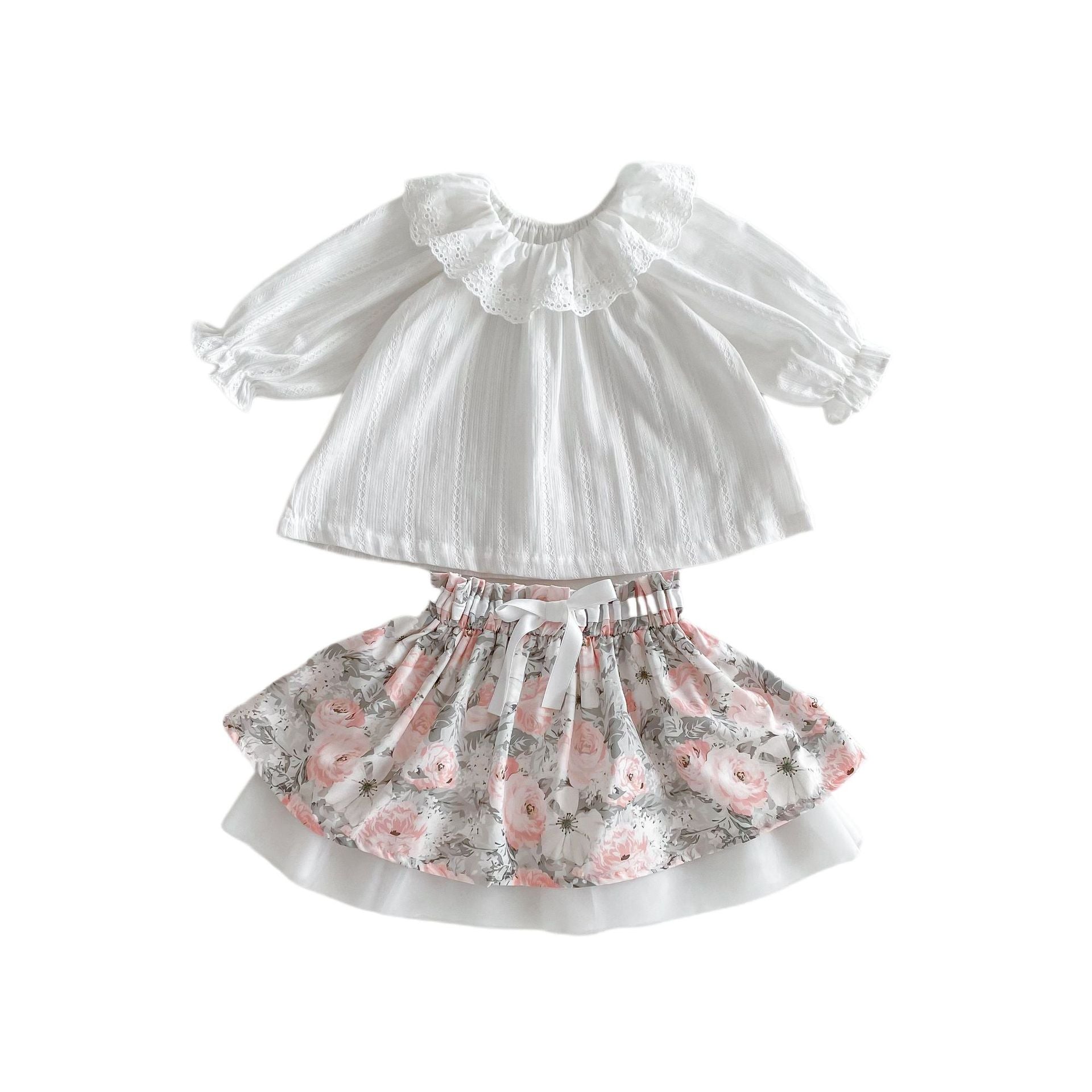 MyKids-USA® Baby Kids Girls Plain Long Sleeves Base Shirt And Floral Skirt Clothing Set