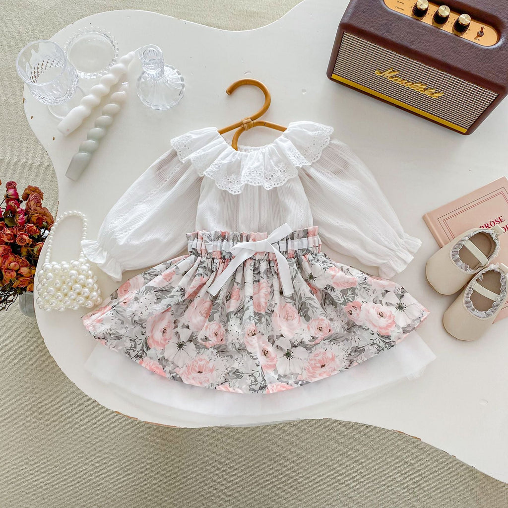 MyKids-USA® Baby Kids Girls Plain Long Sleeves Base Shirt And Floral Skirt Clothing Set