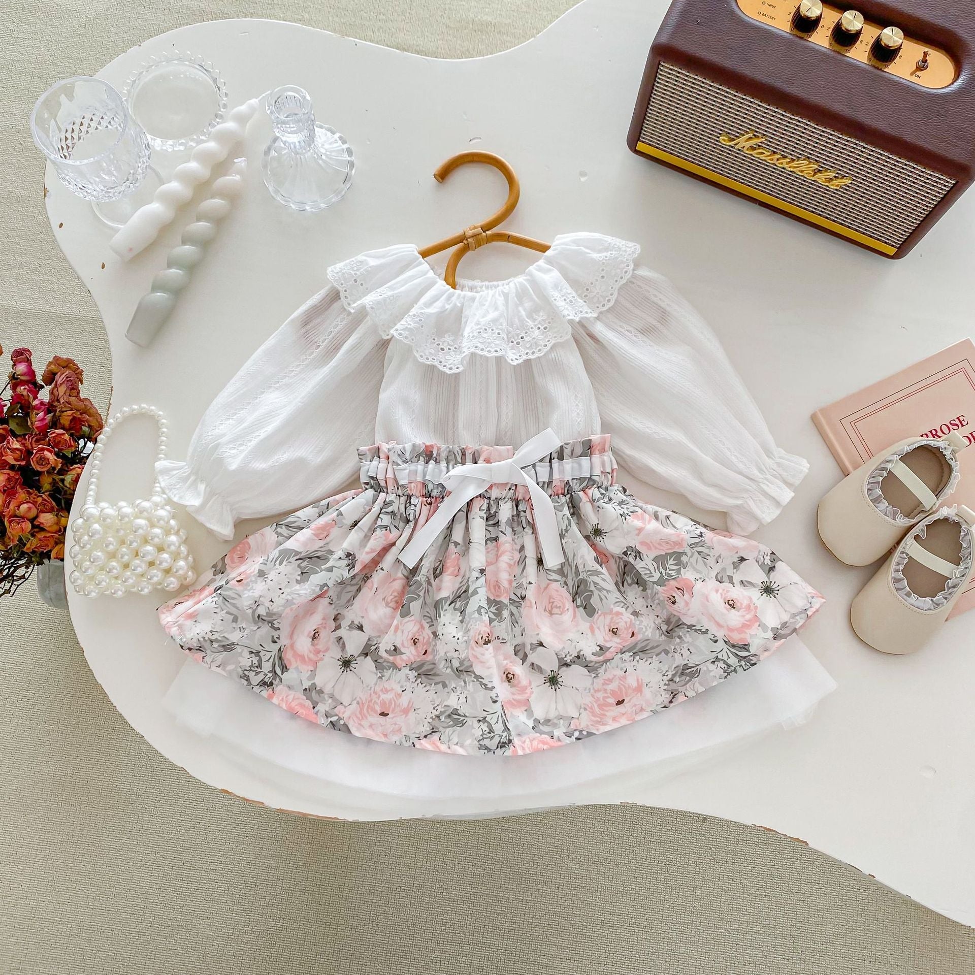MyKids-USA® Baby Kids Girls Plain Long Sleeves Base Shirt And Floral Skirt Clothing Set