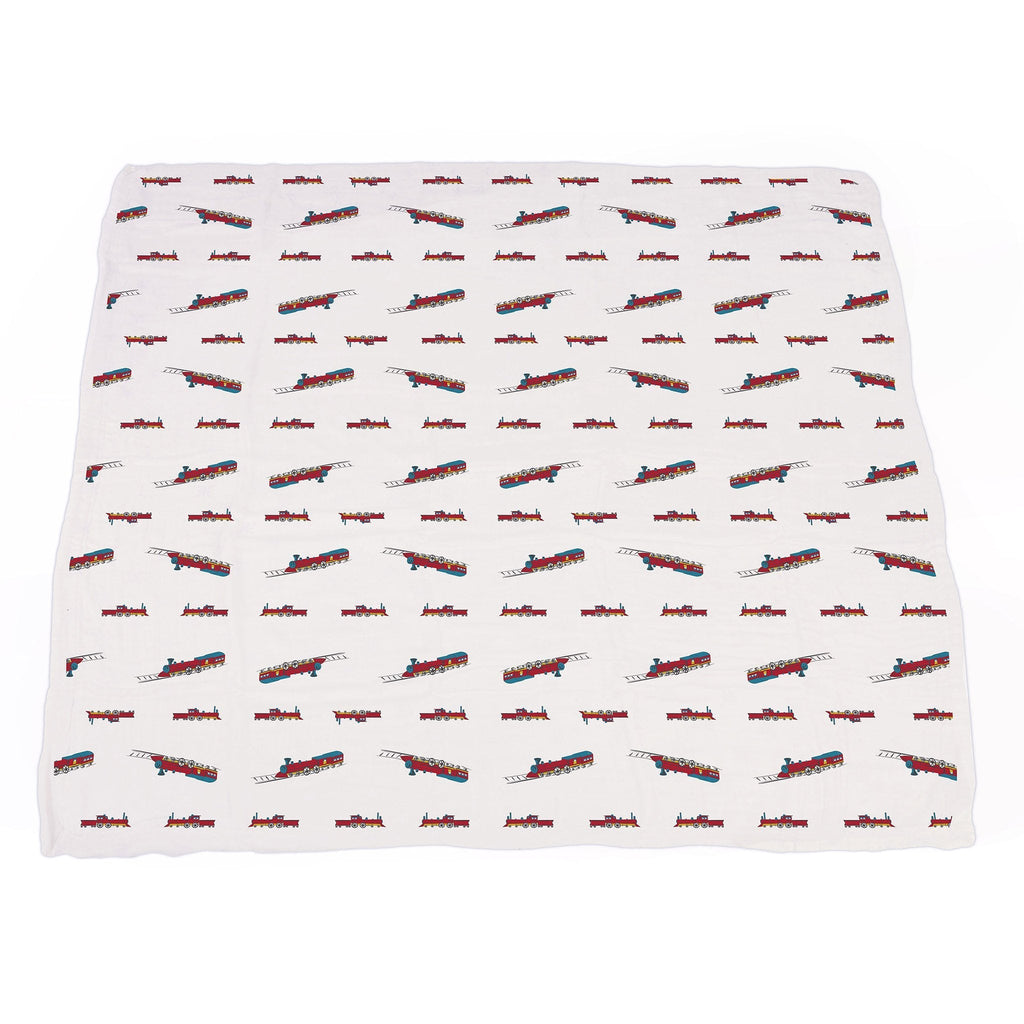 Vintage Steam Trains and Blue Stripe Bamboo Muslin Newcastle Blanket
