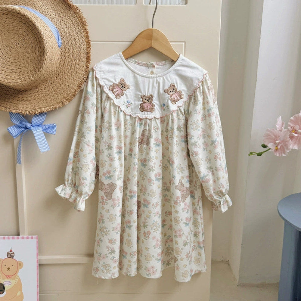 MyKids-USA® Girls Flowers and Teddy Bears Pattern Long Sleeves Dress