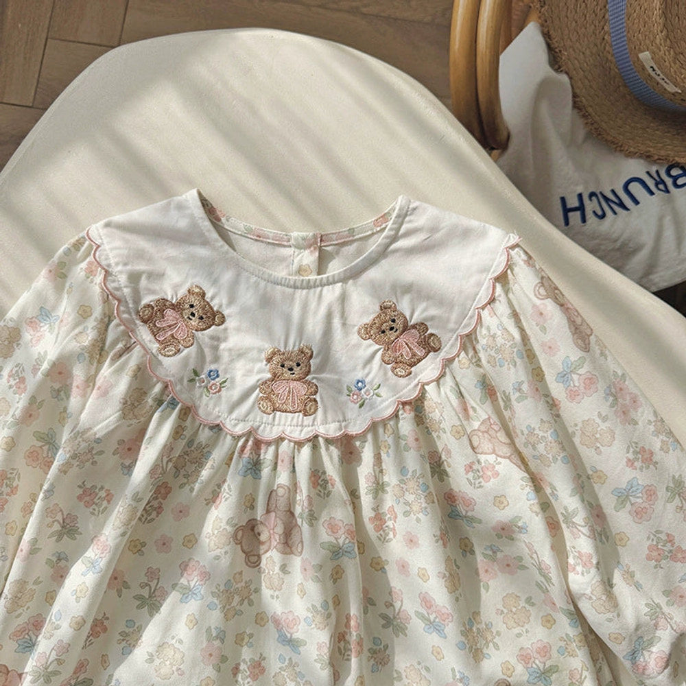 MyKids-USA® Girls Flowers and Teddy Bears Pattern Long Sleeves Dress