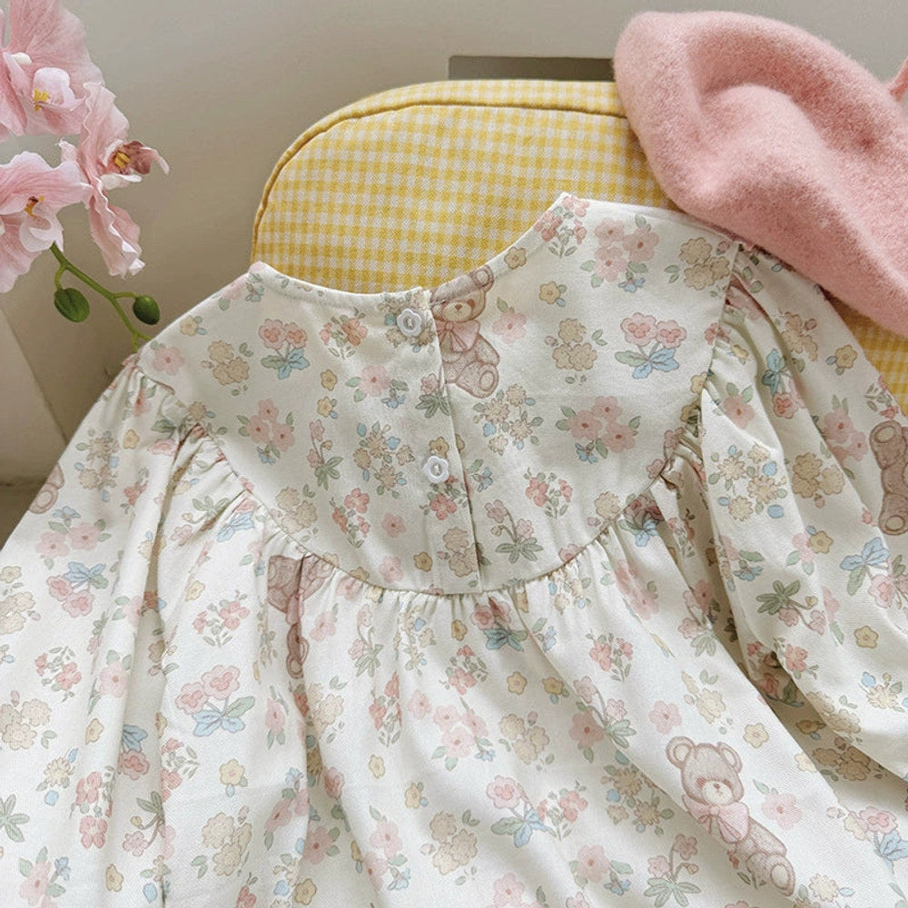 MyKids-USA® Girls Flowers and Teddy Bears Pattern Long Sleeves Dress