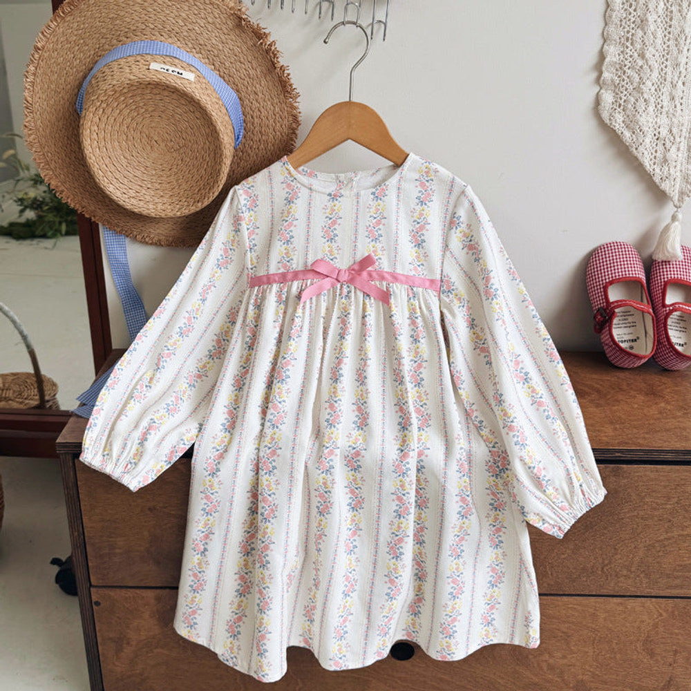 MyKids-USA® Baby Kids Girls Floral Pattern Long Sleeves Crew Neck Dress
