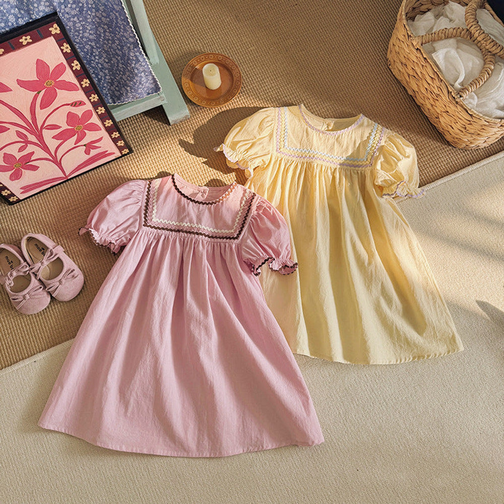 MyKids-USA® Baby Girls Short Sleeves Colorful Lace Trim Pattern Dress