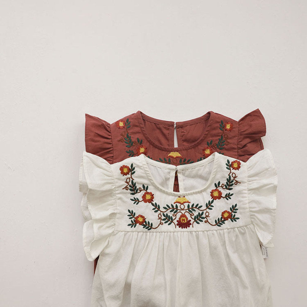MyKids-USA® Baby Girls Fly Sleeves Flowers Pattern Embroidered Bodysuit