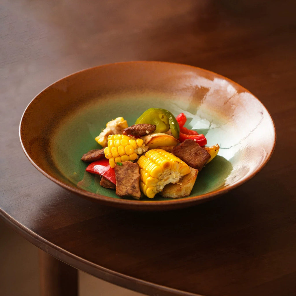 Jade & Amber Ice-Crackle Ceramic Bowl – Artisanal Flared Stoneware