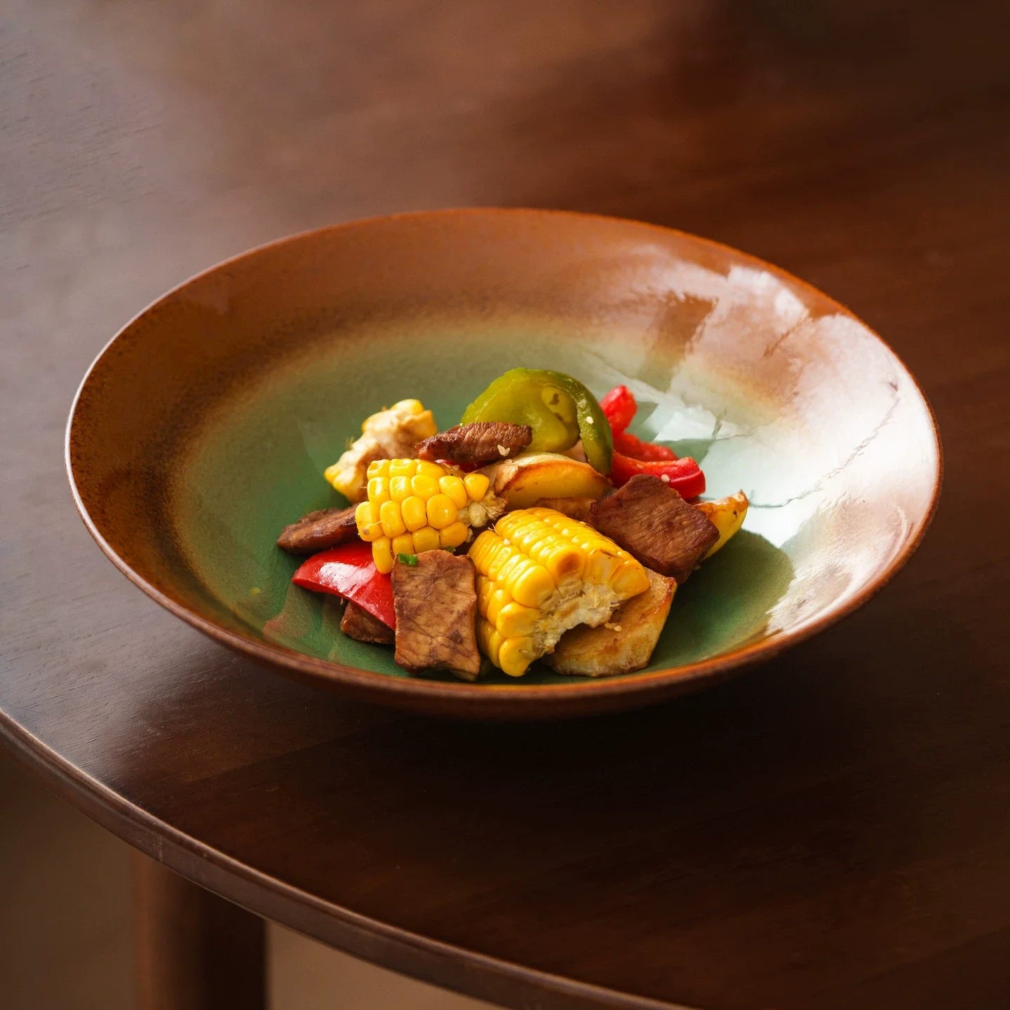 Jade & Amber Ice-Crackle Ceramic Bowl – Artisanal Flared Stoneware
