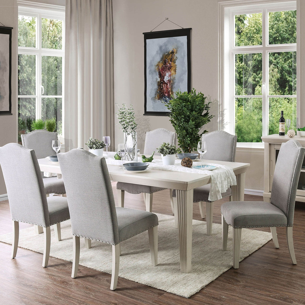 Upholstered Dining Chair with Nailhead Trim and Camel Back - Set of 2